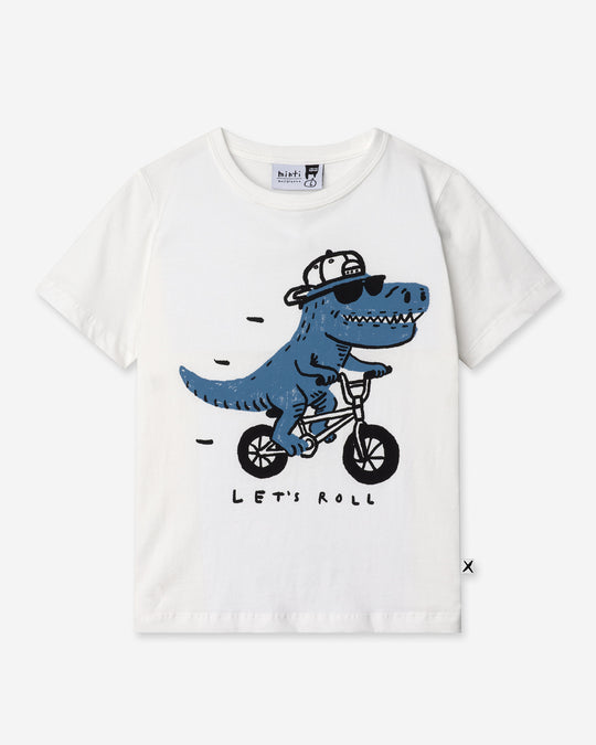 Rex Rider Tee in off white, boys t shirt by Minti, flat lay