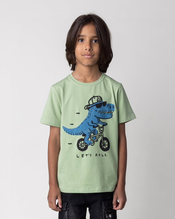 Close up of the Rex Rider Tee in sage on a kid, front view