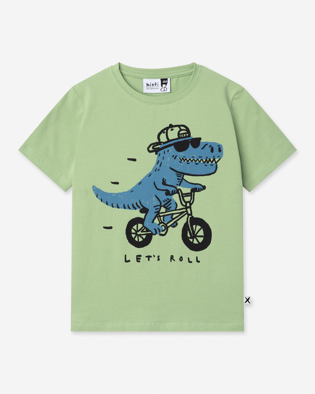 Rex Rider Tee in sage, boys t shirt by Minti, flat lay