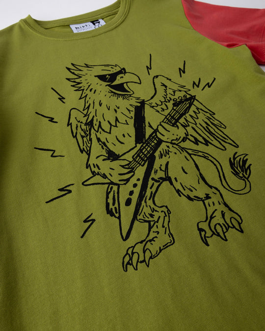 Close up of the Rock Griffin Tee print in olive, ink and melon