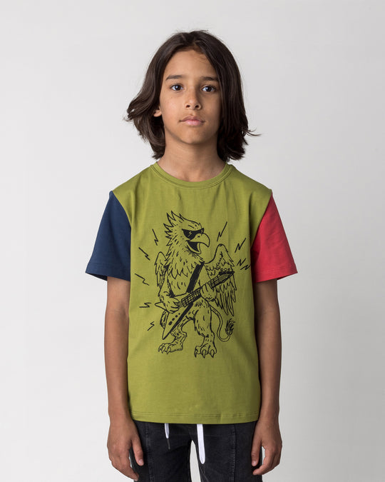 Close up of the Rock Griffin Tee in olive, ink and melon on a kid, front view