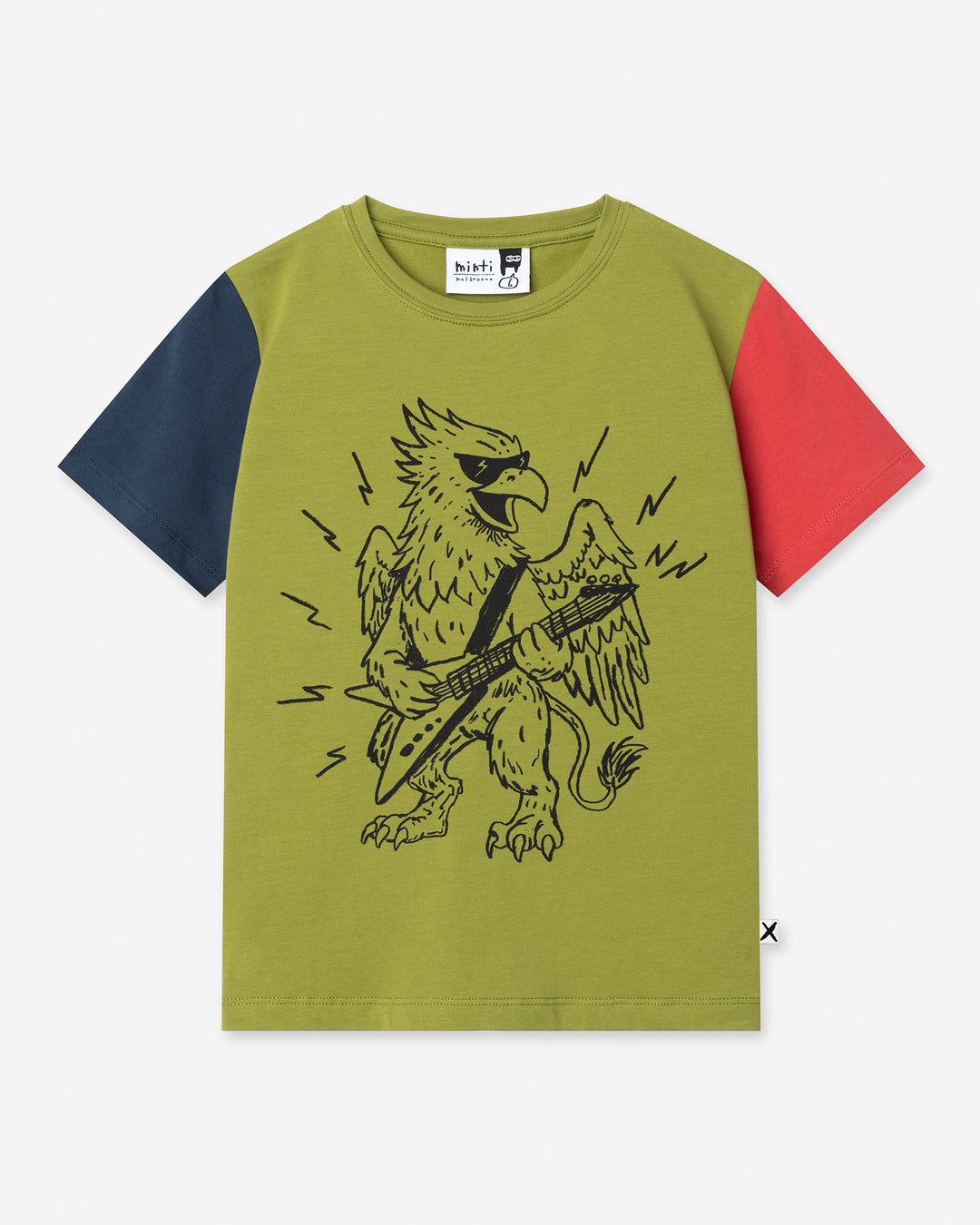 Rock Griffin Tee in olive, ink and melon, boys t shirt by Minti, flat lay