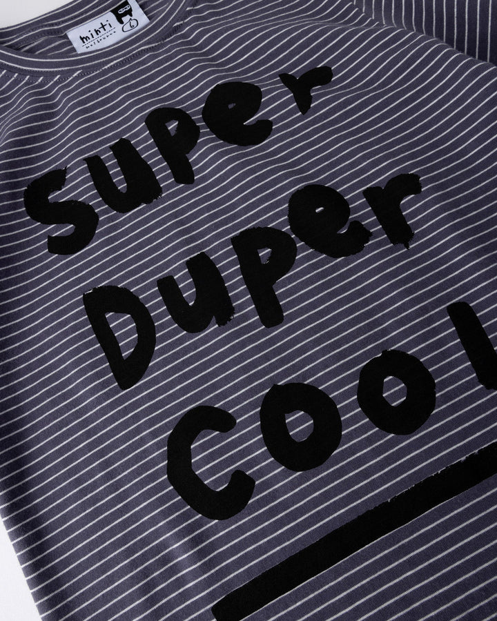 Close up of the Super Duper Cool Tee print in storm stripe