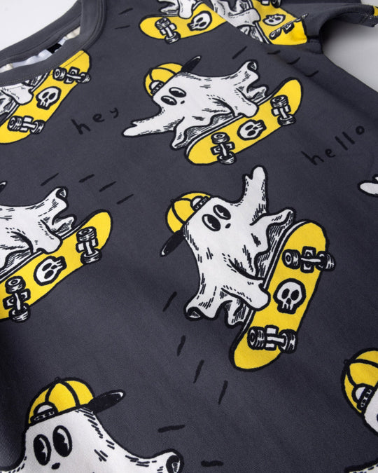 Close up of the Skate Ghost Tee print in dark grey
