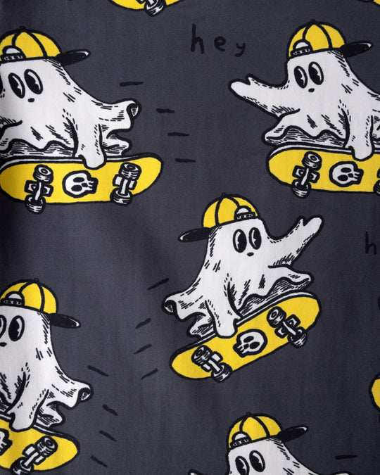 Close up of the Skate Ghost Tee print in dark grey