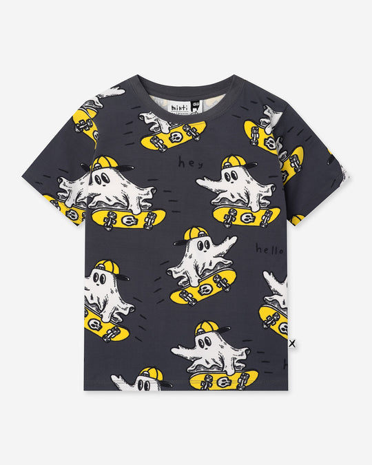 Skate Ghost Tee in dark grey, boys t shirt by Minti, flat lay