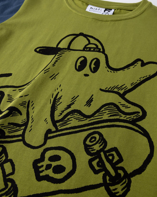 Close up of the Skate Ghost Tee print in olive, ink and mustard