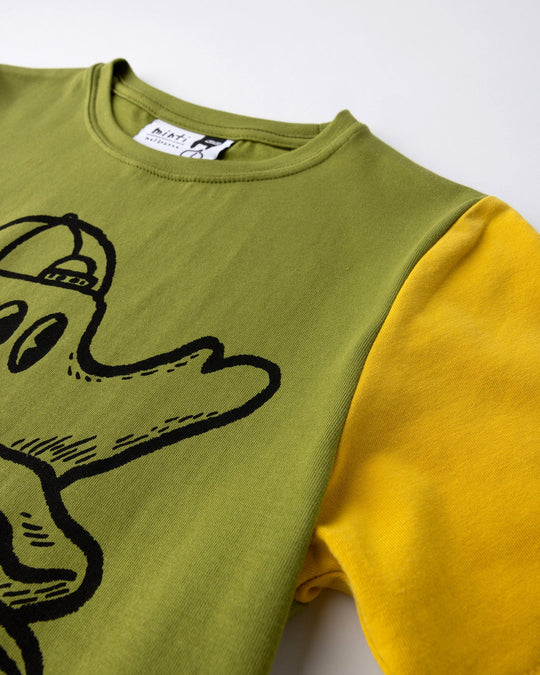 Close up detail of the Skate Ghost Tee in olive, ink and mustard