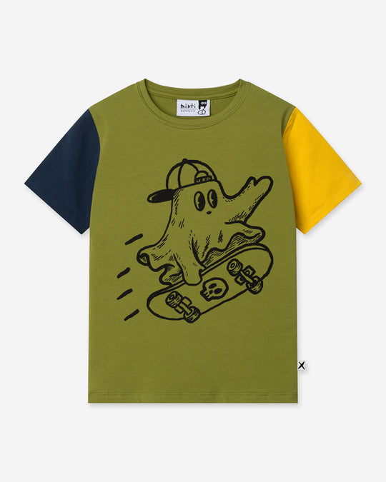 Skate Ghost Tee in olive, ink and mustard, boys t shirt by Minti, flat lay