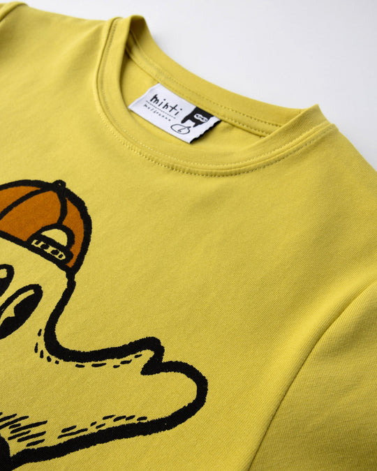 Close up detail of the Skate Ghost Tee in zest