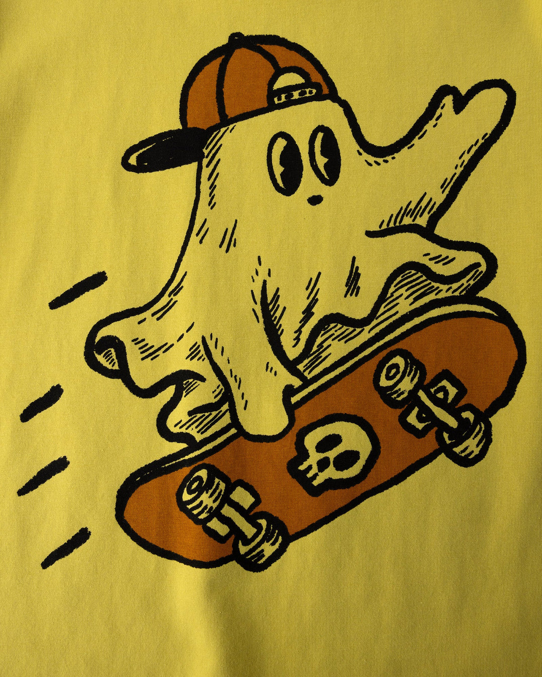 Close up of the Skate Ghost Tee print in zest