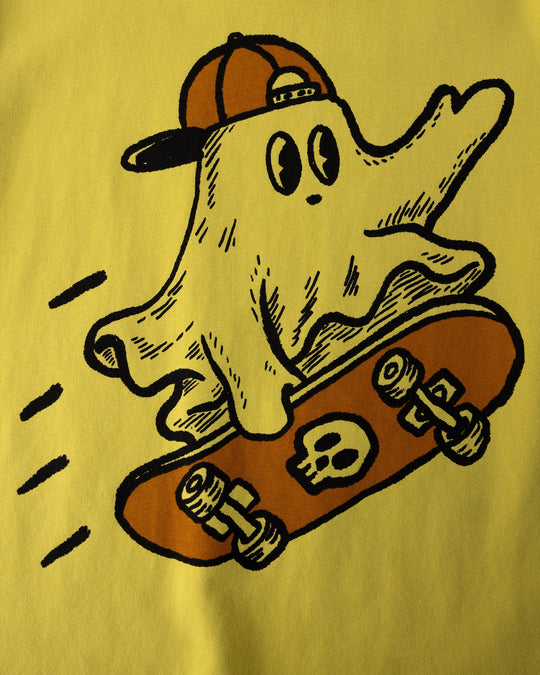 Close up of the Skate Ghost Tee print in zest
