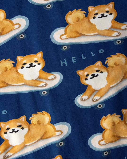 Close up of the Skate Puppy Tee print in midnight