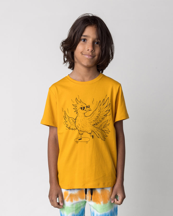 Close up of the Skate Phoenix Tee in mustard on a kid, front view