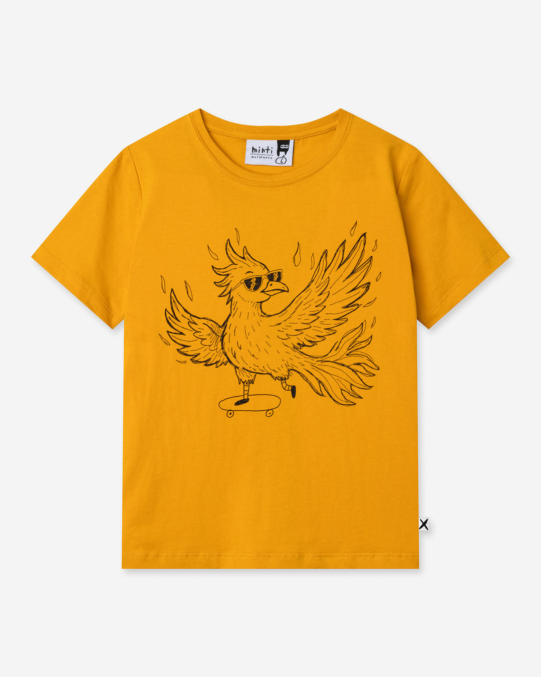 Skate Phoenix Tee in mustard, boys t shirt by Minti, flat lay