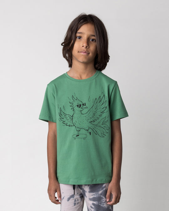 Close up of the Skate Phoenix Tee in turf on a kid, front view