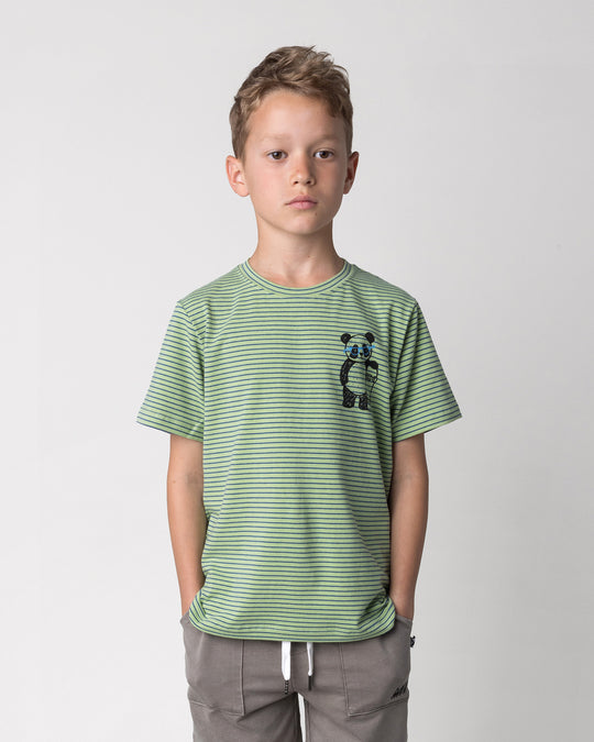 Close up of the Skate Panda Tee in lime stripe on a kid, front view