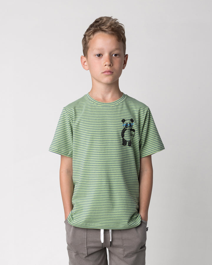 Close up of the Skate Panda Tee in lime stripe on a kid, front view