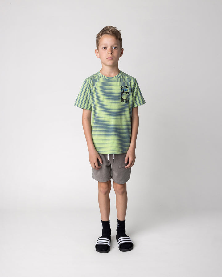 Kid wearing the Skate Panda Tee in lime stripe with the Blasted Track Short in grey wash, front view