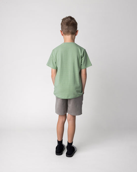 Kid wearing the Skate Panda Tee in lime stripe with the Blasted Track Short in grey wash, back view