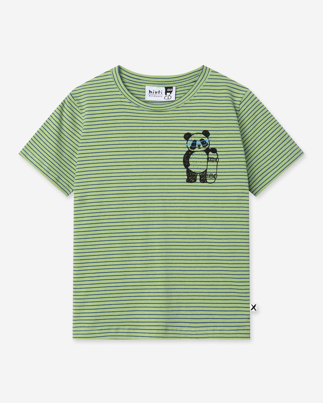 Skate Panda Tee in lime stripe, boys t shirt by Minti, flat lay