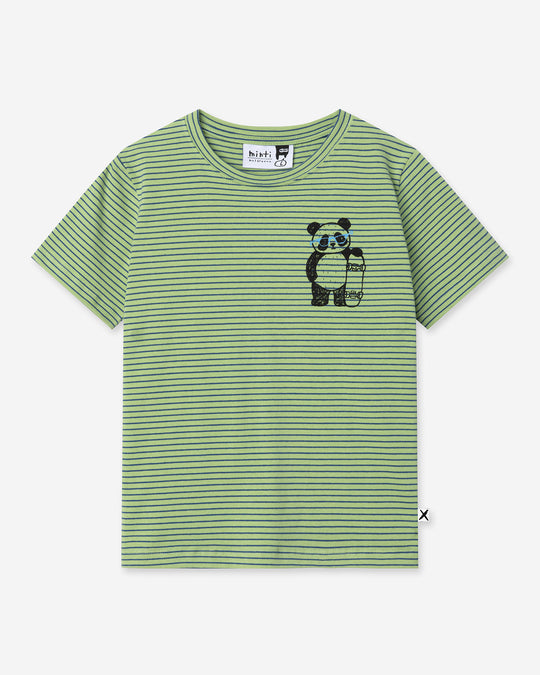 Skate Panda Tee in lime stripe, boys t shirt by Minti, flat lay