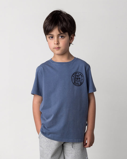 Close up of the Stay Cool Tee in blue wash on a kid, front view