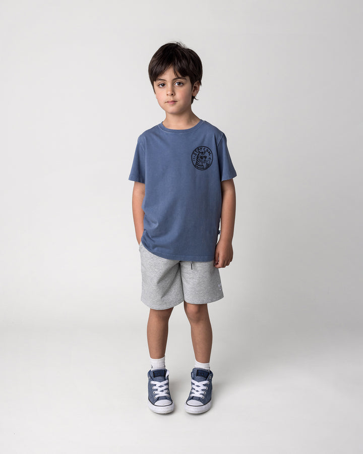 Kid wearing the Stay Cool Tee in blue wash with the Smile Short in grey marle, front view