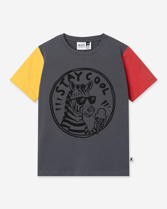 Stay Cool Tee in dark grey, yellow and melon, boys t shirt by Minti, flat lay