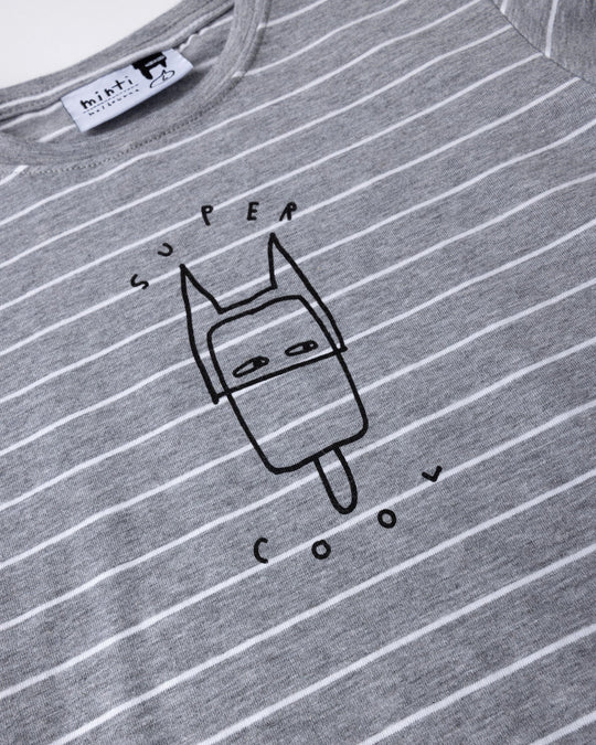 Close up of the Super Cool Tee print in grey stripe