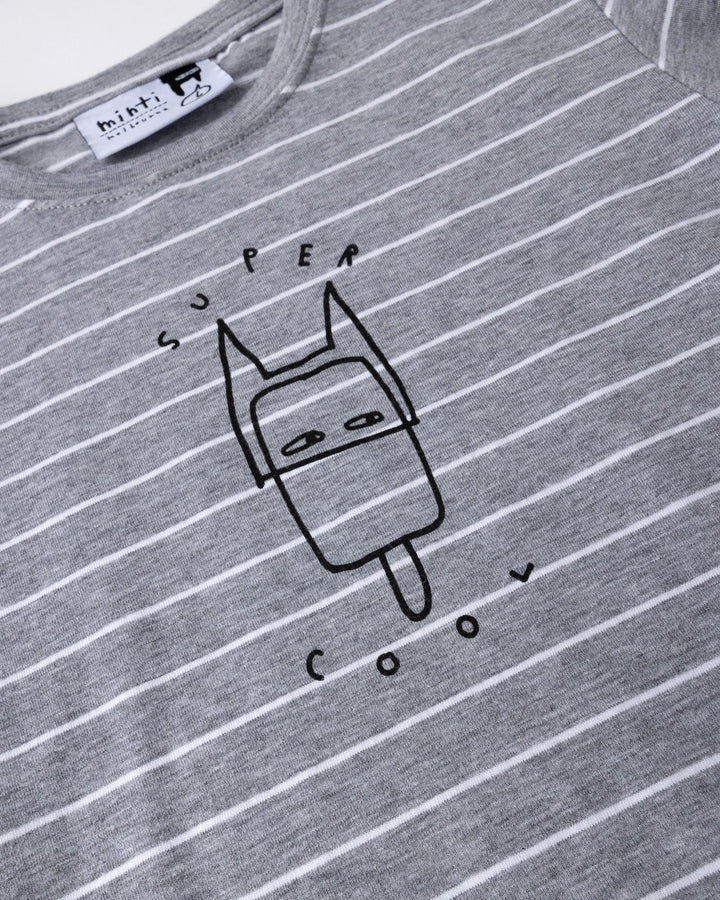 Close up of the Super Cool Tee print in grey stripe