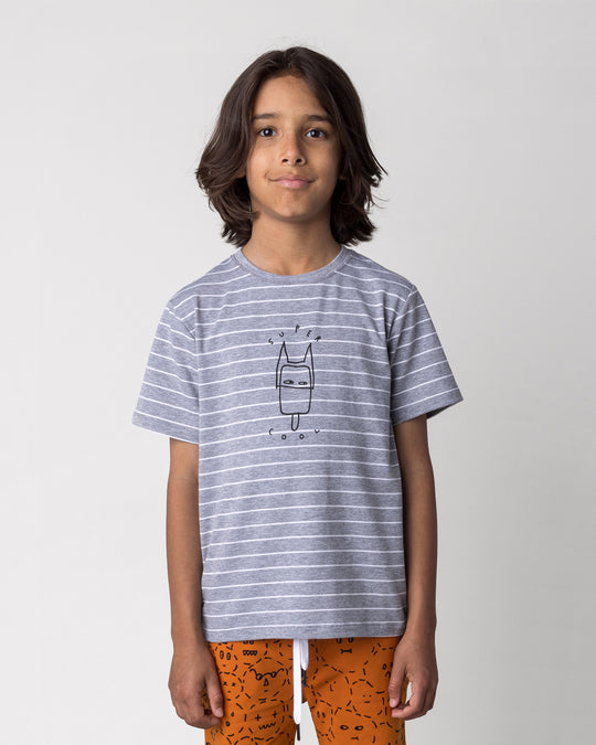Close up of the Super Cool Tee in grey stripe on a kid, front view