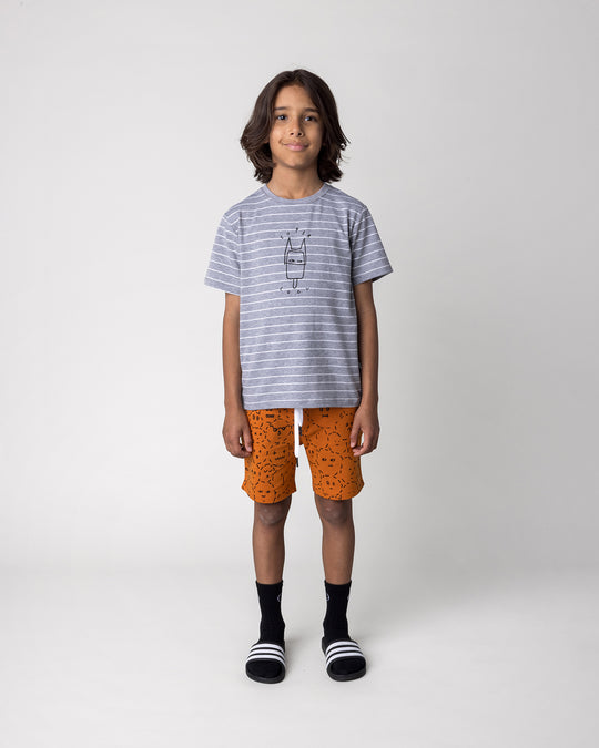 Kid wearing the Super Cool Tee in grey stripe with the Different Faces Short in burnt orange, front view
