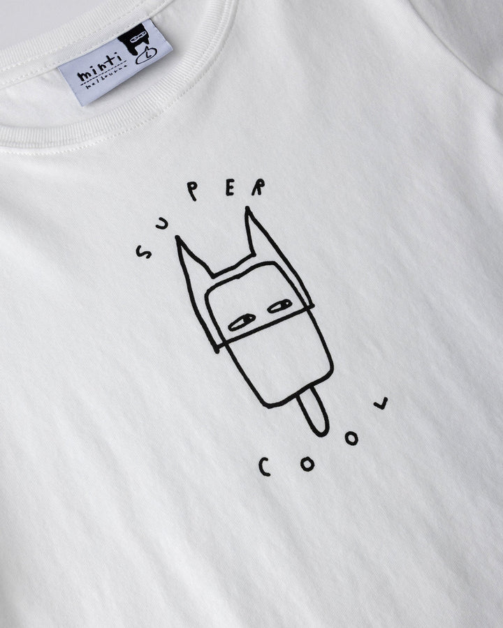 Close up of the Super Cool Tee print in off white