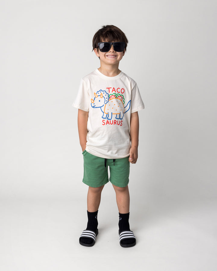Kid wearing the Taco Saurus Tee in cream with the Blasted Icon Short in turf wash, front view