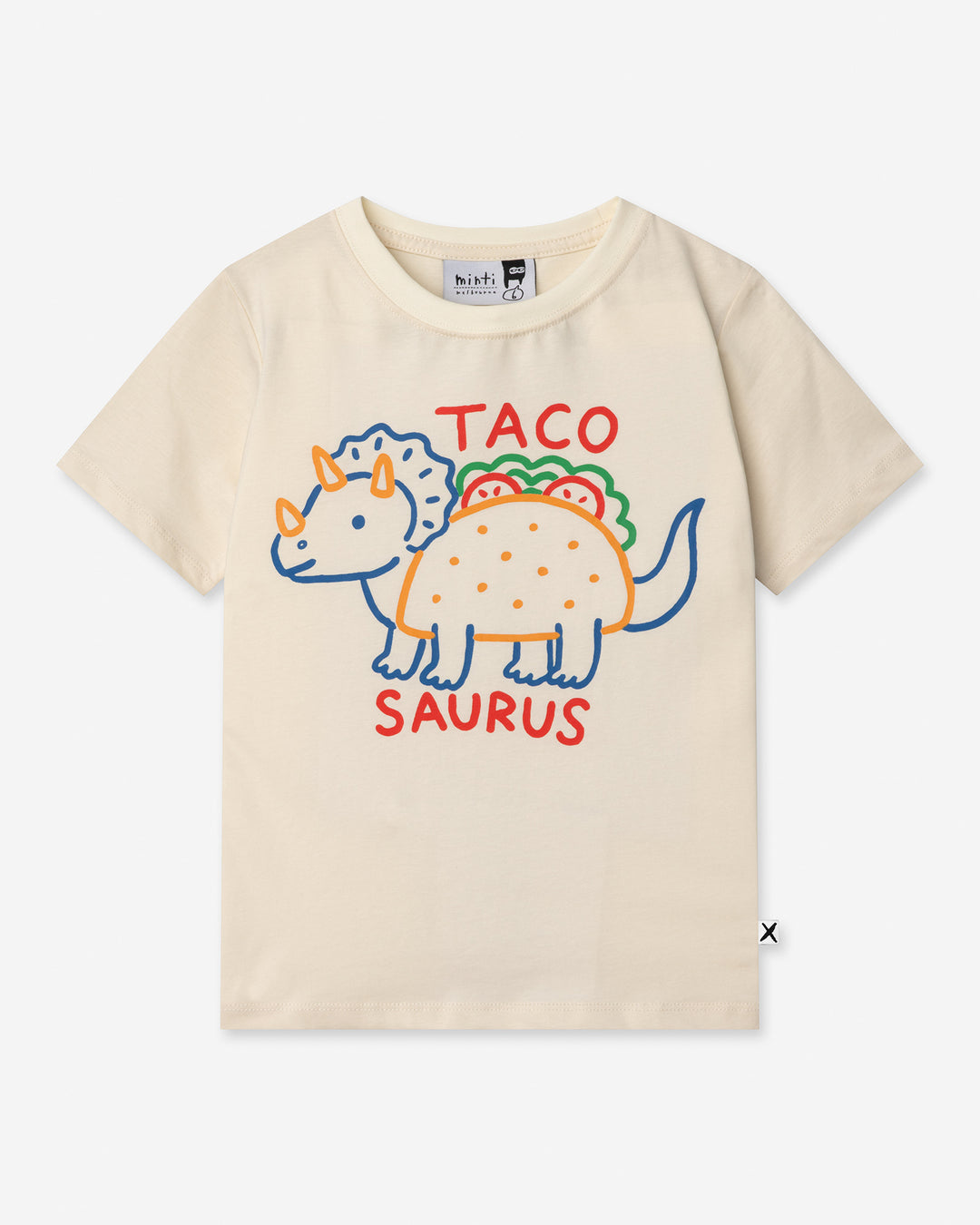 Taco Saurus Tee in cream, boys t shirt by Minti, flat lay