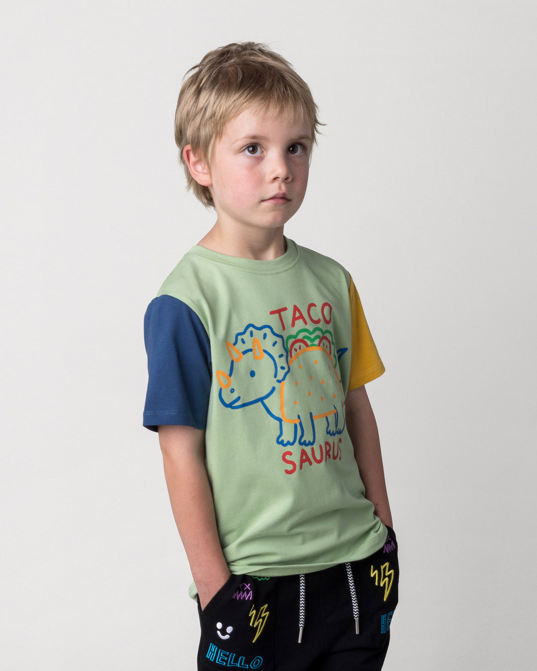 Close up of the Taco Saurus Tee in sage, midnight and yellow on a kid, front view