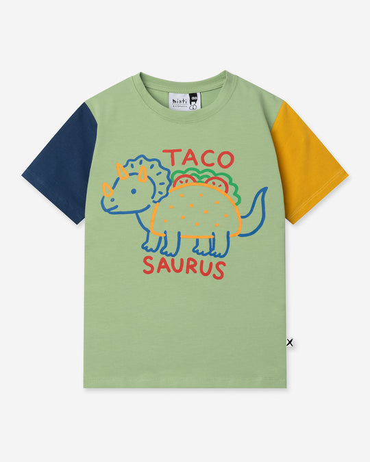 Taco Saurus Tee in sage, midnight and yellow, boys t shirt by Minti, flat lay