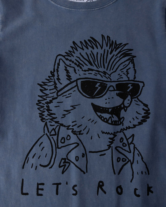 Close up of the Werewolf Rockstar Tee print in blue wash