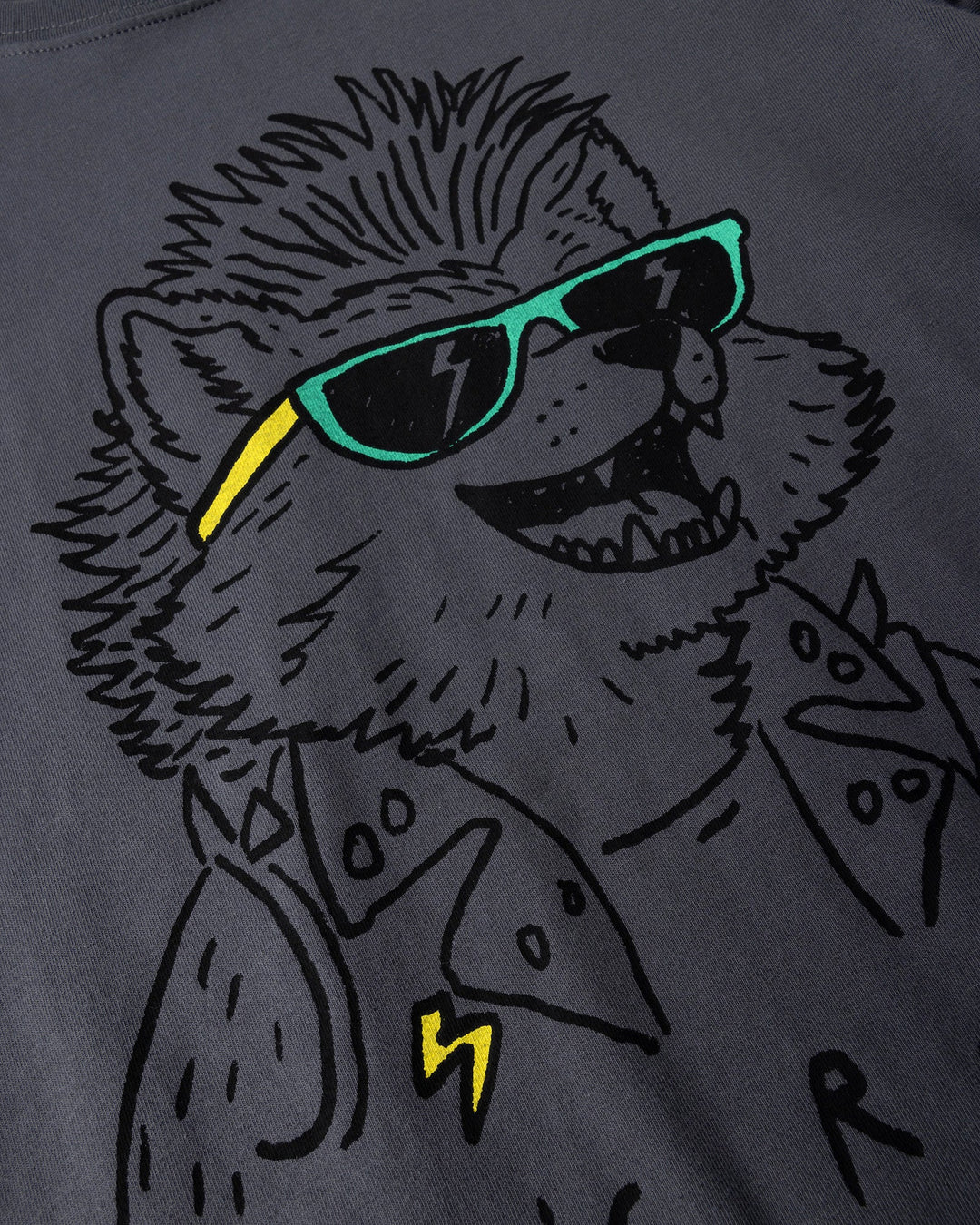 Close up of the Werewolf Rockstar Tee print in dark grey