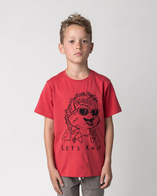 Close up of the Werewolf Rockstar Tee in melon on a kid, front view