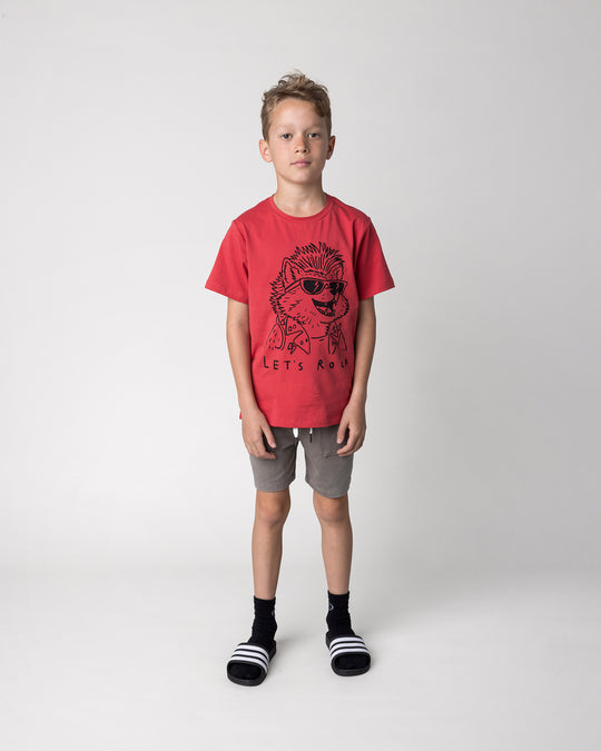 Kid wearing the Werewolf Rockstar Tee in melon with the Blasted Track Short in grey wash, front view