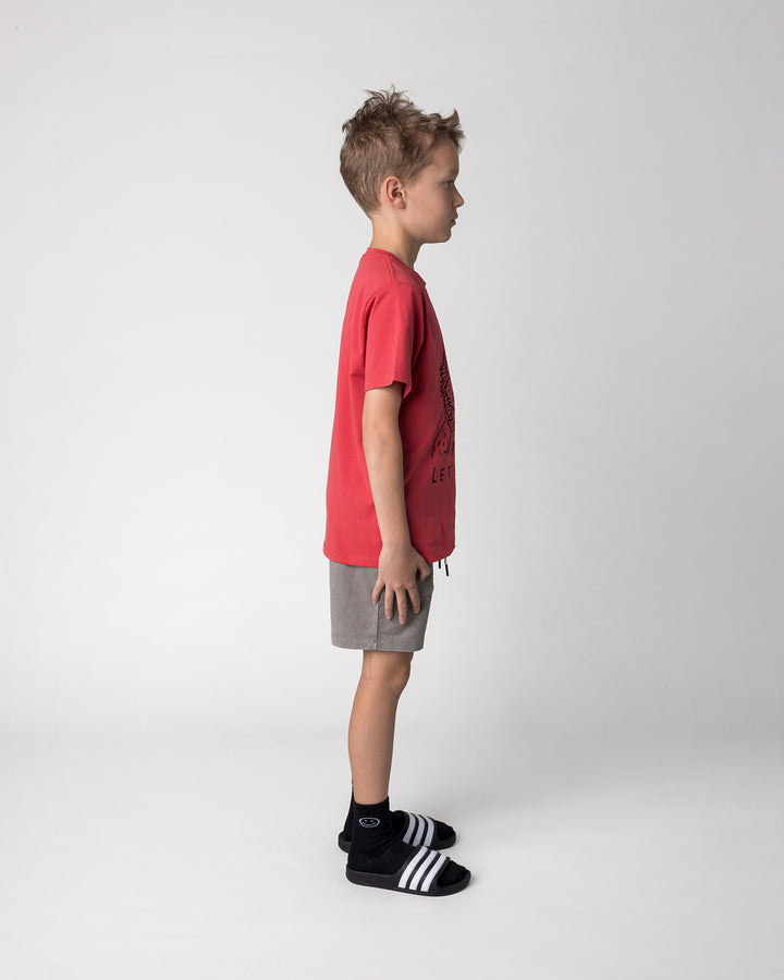 Kid wearing the Werewolf Rockstar Tee in melon with the Blasted Track Short in grey wash, side view
