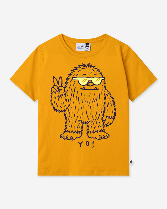 Yo Yeti Tee in mustard, boys t shirt by Minti, flat lay