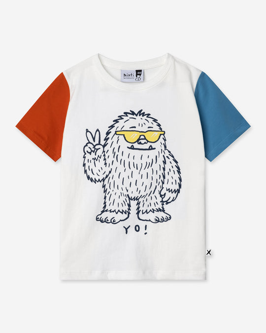 Yo Yeti Tee in white, orange and steel, boys t shirt by Minti, flat lay