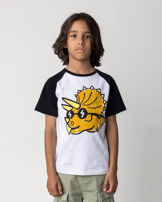 Close up of the Cool Dino Tee in white marle and black on a kid, front view