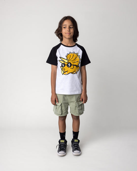 Kid wearing the Cool Dino Tee in white marle and black, front view