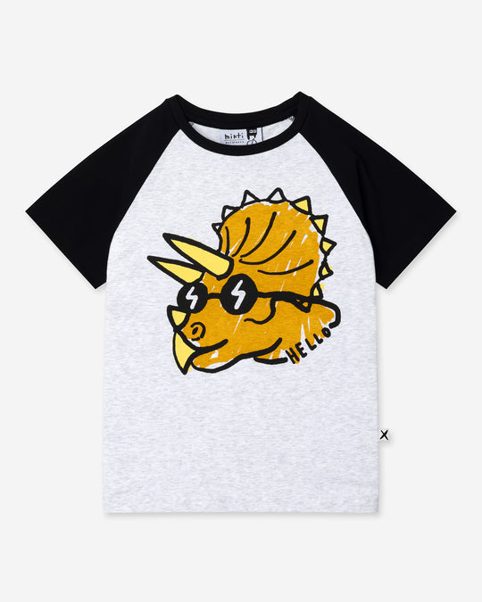 Cool Dino Tee in white marle and black, boys t shirt by Minti, flat lay