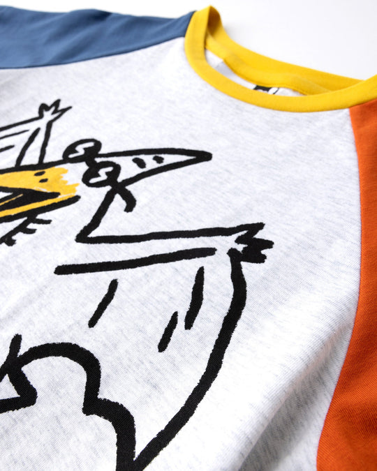 Close up detail of the Cool Pterodactyl Tee in white marle and multi