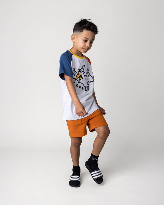 Kid wearing the Cool Pterodactyl Tee in white marle and multi with the Track Short in burnt orange, side view